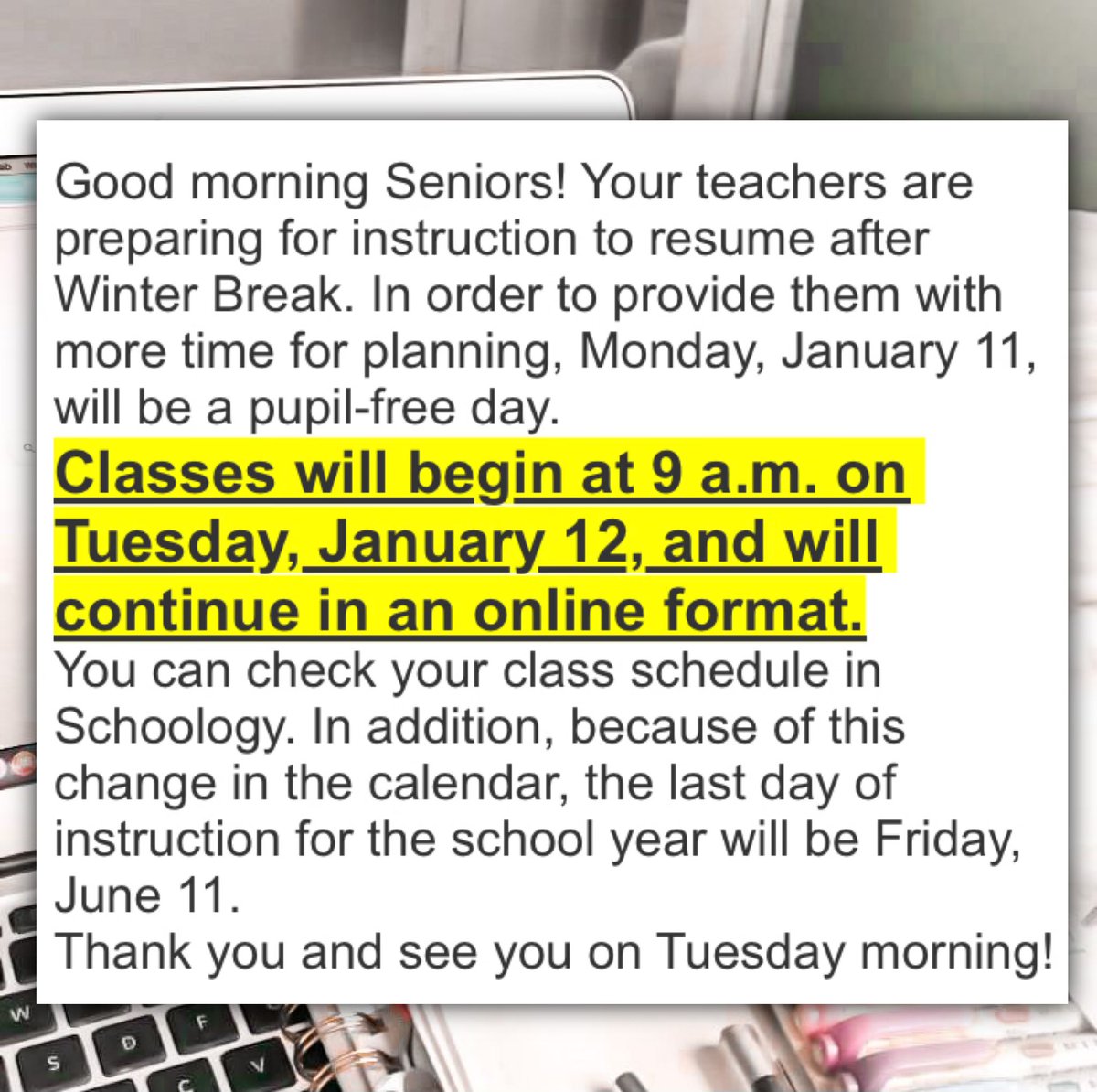 dpmhsclass2021's tweet photo. PLEASE READ!!! ⚠️

Important things to keep in mind from this message:

- First day of instruction for the #springsemester is January 12. 🌷

- Class begins at 9:00 a.m. 🕘

- Last day of the 2020-2021 school year is on June 11. ☀️ #summer https://t.co/P4t85mKxnk