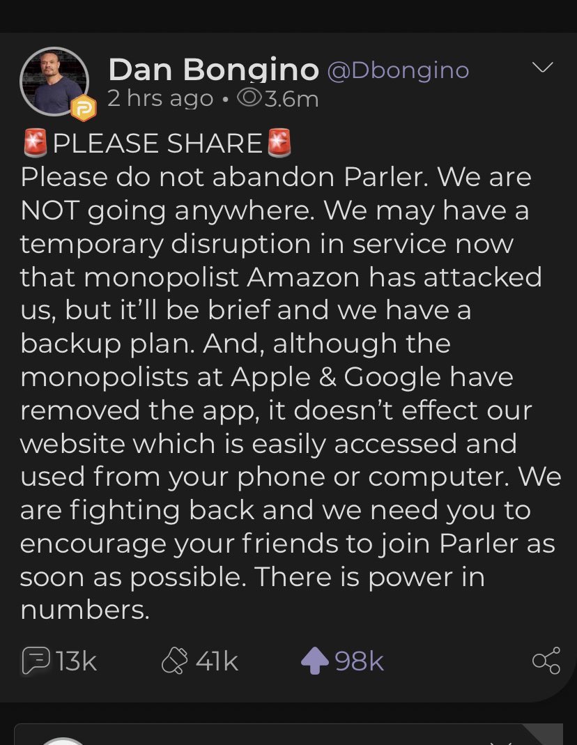 To all my friends who are switching over to Parler, please have patience while they battle the left-wing terrorists trying to eliminate us all. 🙏🏻