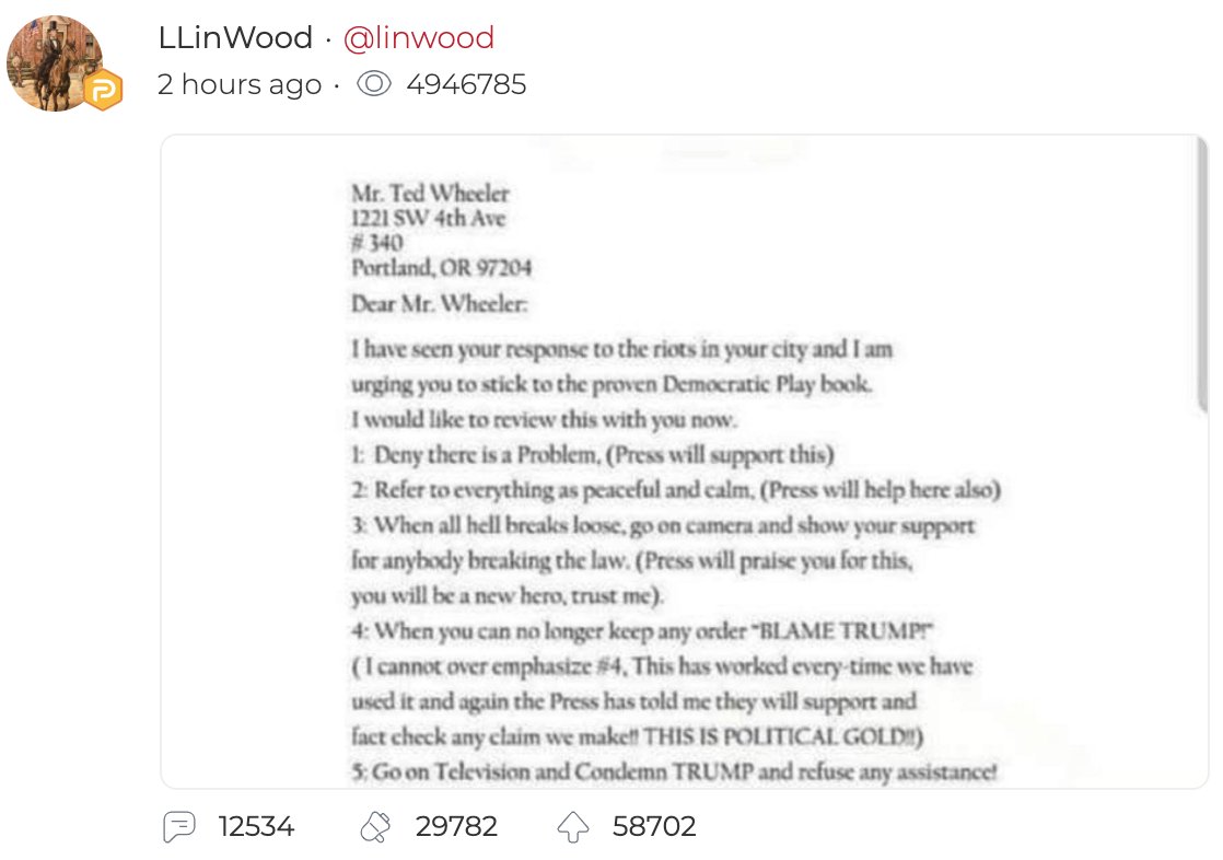 In what should be a surprise to no one, the fake letter has already being promoted by pro-Trump attorney Lin Wood on Parler and is receiving tens of thousands of interactions.