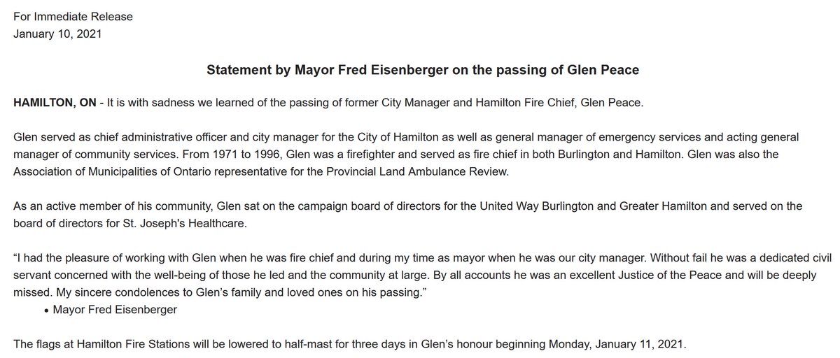 hamiltonfire288's tweet photo. We are saddened to hear of the passing of former Fire Chief Glen Peace today. We send our sincere condolences to his family. https://t.co/DUbFgzFcGD