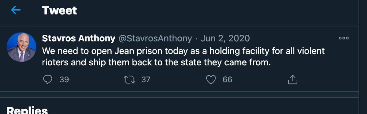 As I tweeted earlier,  @StavrosAnthony famously said that  #BlackLivesMatter   protestors should be JAILED in Jean Prison. Illegal, unconstitutional. Disgusting.