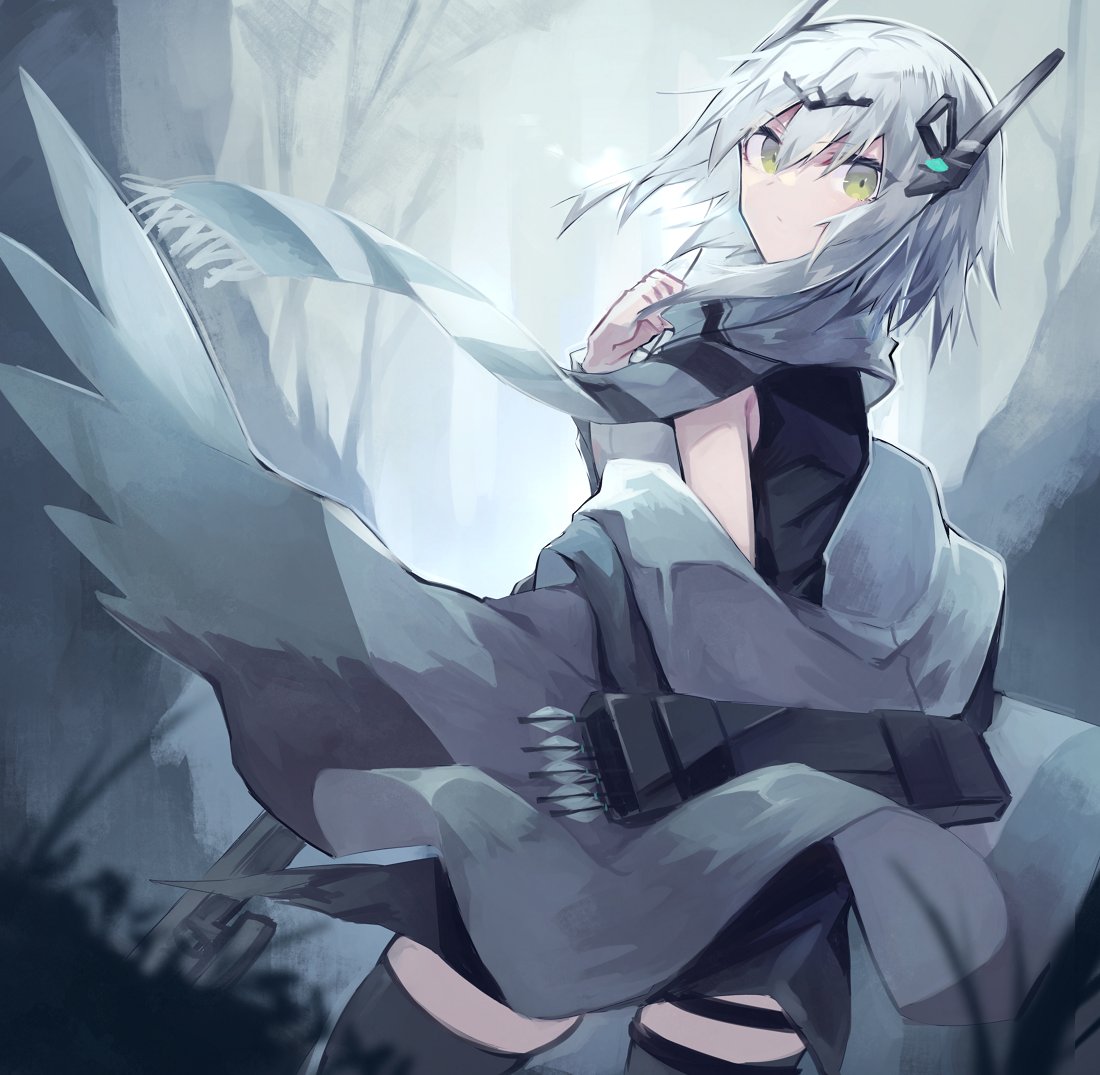1girl solo thighhighs white hair looking at viewer scarf green eyes  illustration images
