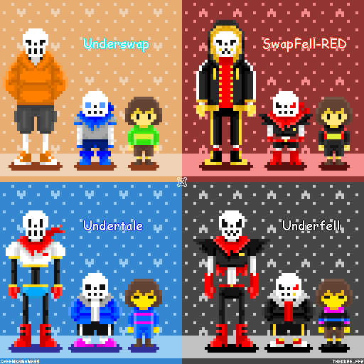 Theodore_FF2's tweet photo. #pixelart #Undertale #UndertaleAU #Underfell #Underswap #SwapfellRed #Swapfell #Fellswap #Horrortale #Outertale #Dancetale #UndertaleMob #Xtale #Epictale #Chocotale
左下のUTはAUと比較用
全AUのタグ入れると圧がヤバイねやっぱり← https://t.co/cRKlT1BBKN