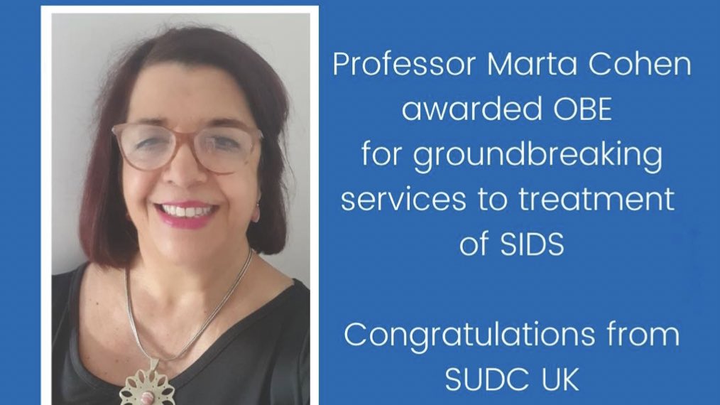 SUDCUK1's tweet photo. ๏ฟผ
Today we celebrate that SUDC UK advisor, Professor Marta Cohen has been awarded an OBE in the 2020 Honours list. Congratulations & thank you for your support!
@SheffieldHosp @sheffielduni
#sudc #sids #pathology #paediatricpathology #paediatrics #OBE @RCPath #sudcresearch https://t.co/05xMnJbg7p