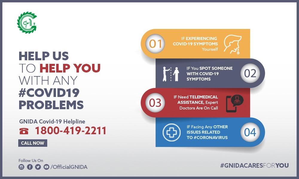 OfficialGNIDA's tweet photo. कोरोना वायरस के संक्रमण से जुड़े कोई भी लक्षण दिखने पर, किसी भी प्रकार की जानकारी/टेलेमेडिक्ल आसिस्टेन्स के लिए कॉल करें:-1800-419-2211 #Covid19 Helpline.
#GNIDACares
#CoronaProtection
#StaySafe https://t.co/0YyYoSMl10