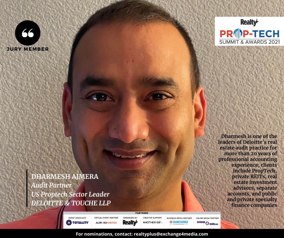 RPRealtyPlus's tweet photo. Realty+ is delighted to have Dharmesh Ajmera, Audit Partner, US Proptech Sector Leader, Deloitte & Touche LLP on the 3rd Realty+ #PropTech #Awards 2021 Grand #Jury!
#Nominations are currently open, send in yours now!
🖱️to #nominate: https://t.co/ngIvLo8nFS
#RPPropTechVirtual https://t.co/YSRz4hEhN0