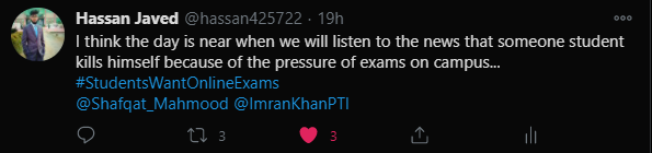 hassanjaved42's tweet photo. So yesterday what I said?? The day will come when we will listen to the suicide news of someone student because of the pressure of the exam, so now you can see what happened...
#StudentsWantOlineExams @Shafqat_Mahmood @ImranKhanPTI https://t.co/sukk7tD9dw