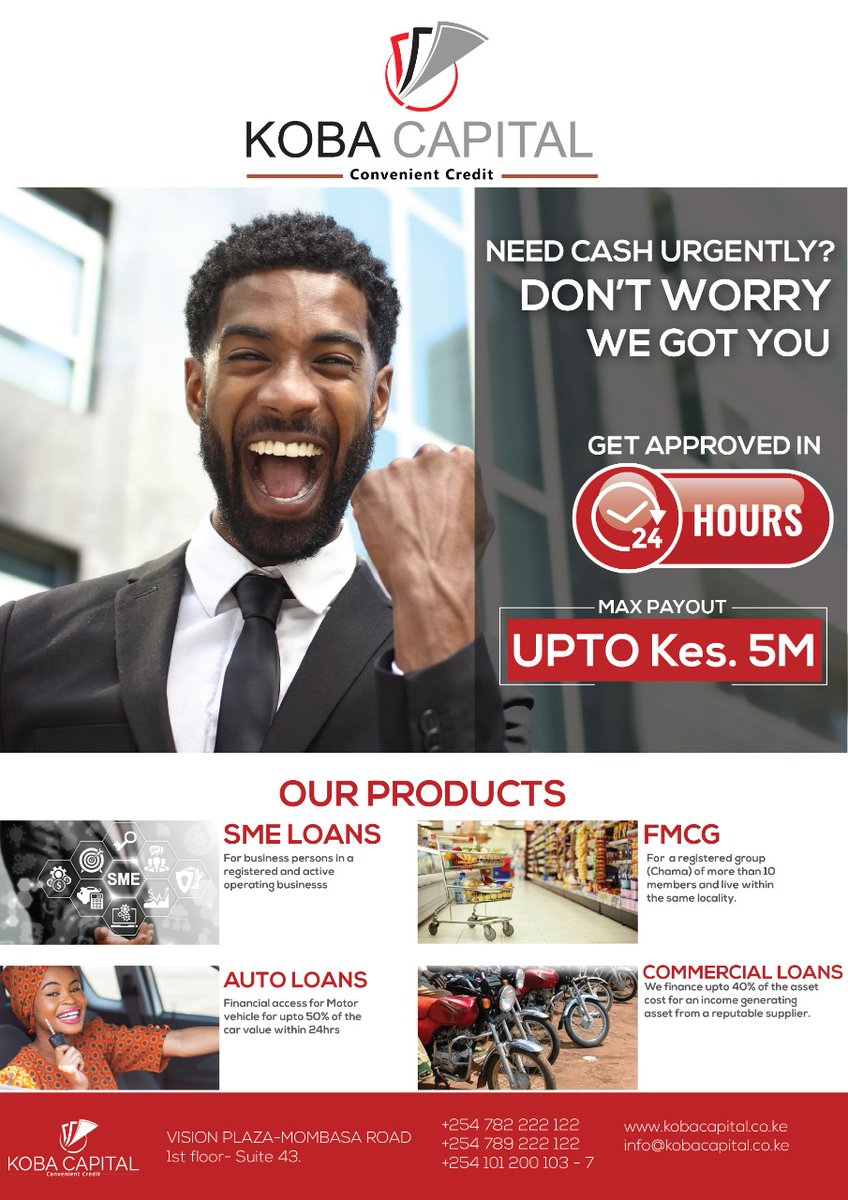 KOBACapital's tweet photo. Need Cash urgently?
Don't worry we got you!
#IkoKaziKE #ConvenientCredit #MondayMotivation #Schoolfeeloans #visionplaza #MombasaRoad #OfficeNo43 https://t.co/N06xkJir0J