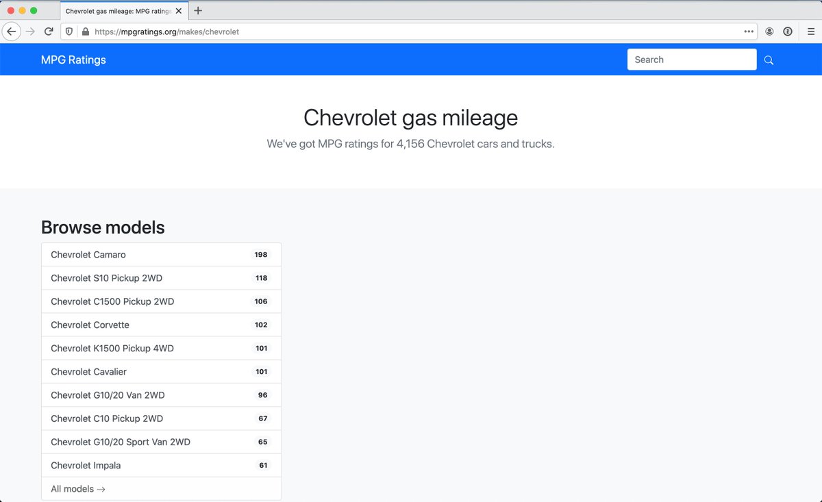 Now that I can see pages for each make, it's clear to me that we'll need to do a bit more data clean up. Using Chevrolet as an example, we can probably remove "2WD" variants and split out "G10" from "G20", as most people probably search for one or the other, not both.
