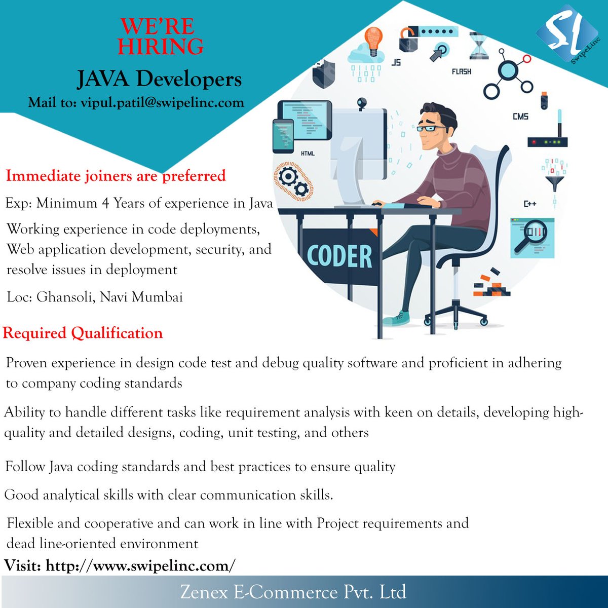 swipelinc's tweet photo. We're hiring contact us now! #jobsearch #Navimumbaijob #jobseekers #Job2021 #Java #JobinJava https://t.co/FsKPjwOkEl