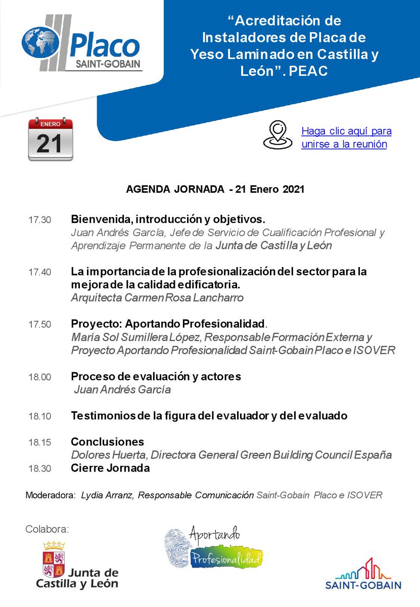 Jornada <a href="/SGplaco/">Saint-Gobain Placo</a> "Acreditación de instaladores de placas de yeso laminado en Castilla y León", 21 de enero a las 17,30 h.: teams.microsoft.com/dl/launcher/la…