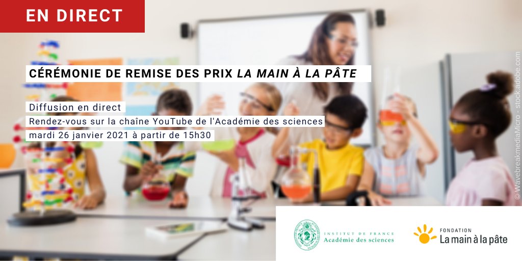 Fondation_Lamap's tweet photo. 🏆À vos agendas ! La remise des prix La main à la pâte de l'@AcadSciences se tiendra en visioconférence le mardi 26 janvier 2021 de 15h30 à 16h45. Rendez-vous sur YouTube pour la suivre en direct : https://t.co/aOr5LNEC1p et en #LiveTweet ici même ! #PrixLamainalapate https://t.co/58Br984s7l