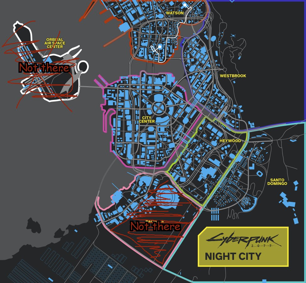 Night City is made to be super detailed, but there are parts that are just.... not there. The space center is not accessible and the other part is fenced off with a tall wall + invisible wall to make sure you can't enter. There are other parts like these. 2/