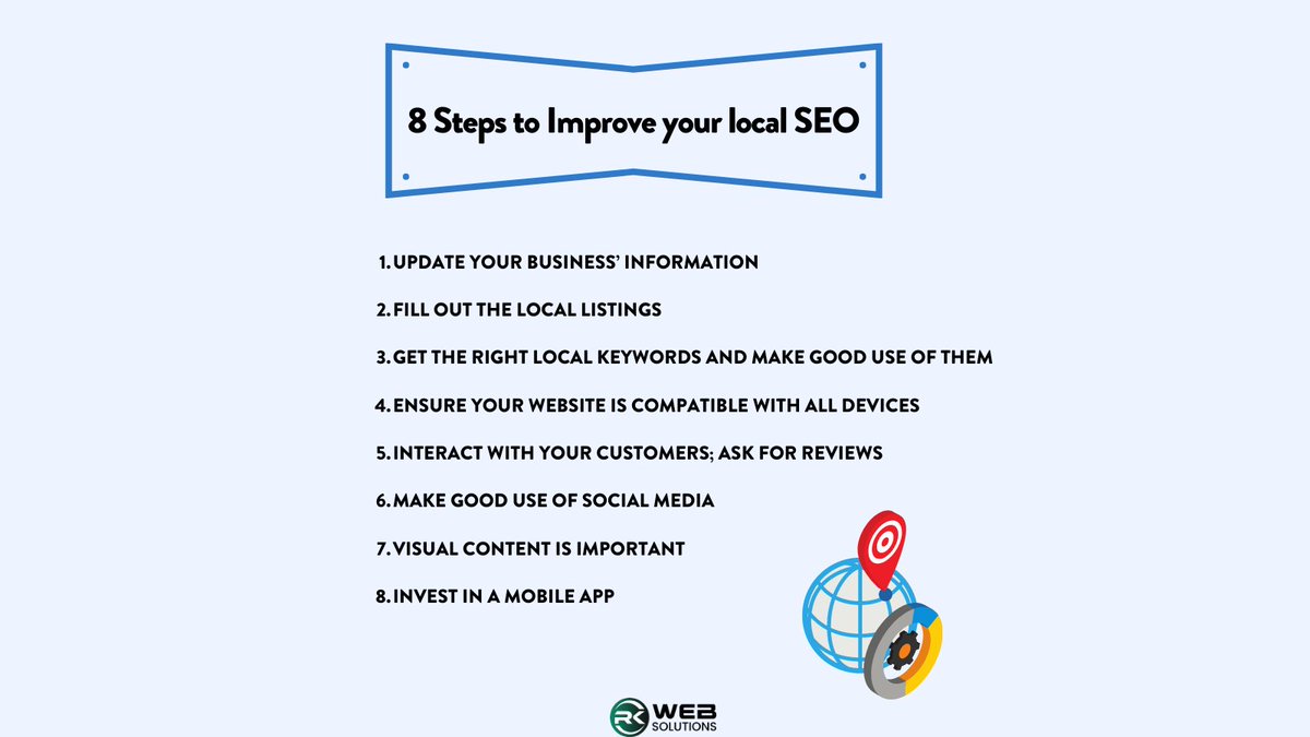 rkwebsol's tweet image. ☞ 46% of all #Google searches are looking for local information

☞ 92% of searchers will pick businesses on the first page of #localsearchresults

☞ 88% of people searching for #localbusinesses on a mobile device either call or visit the business within 24 hours