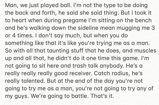 JamesPalmerTV's tweet photo. #bucs CB Sean Murphy-Bunting asking about #saints Michael Thomas having 0 catches for 0 yards. He didn’t want to say anything, but he did. https://t.co/aotJXIijdd