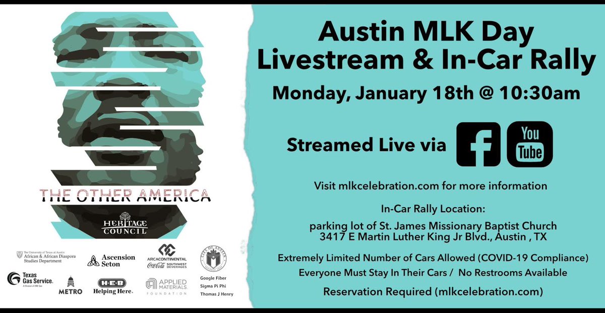 HustonTillotson's tweet image. Community, on Monday, January 18th at 10:30AM, please ensure you visit mlkcelebration.com to watch tomorrow’s MLK LiveStream and In-Car Rally! @ATXMLK will broadcast LIVE from tomorrow’s In-Car Rally via both their Facebook and YouTube channels. #AustinMLKDay