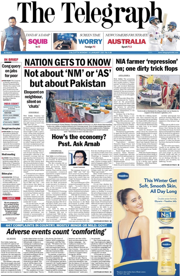 ttindia's tweet photo. Nation gets to know (not about 'NM' or 'AS' but about Pakistan) | How's the economy? Ask Arnab | NIA farmer 'repression' on; dirty trick flops | Vaccine adverse events count 'comforting' | & More...
#TheTelegraphFrontPage
Read the stories at https://t.co/UnH37DawM4 https://t.co/zwZJ8fI2B8