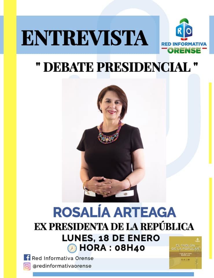 RedOrense's tweet photo. El Lunes 18 de enero empieza el programa El Tablón de La Popular con la invitada Dra. Rosalía Arteaga, quien va a hablar sobre “ Debate Presidencial”, el noticiero de transmitirá por La Red Informativa Orense.
#RedInformativaOrense
#Noticiero #EltablóndelaPopular #Machala https://t.co/MRnhfJalfi
