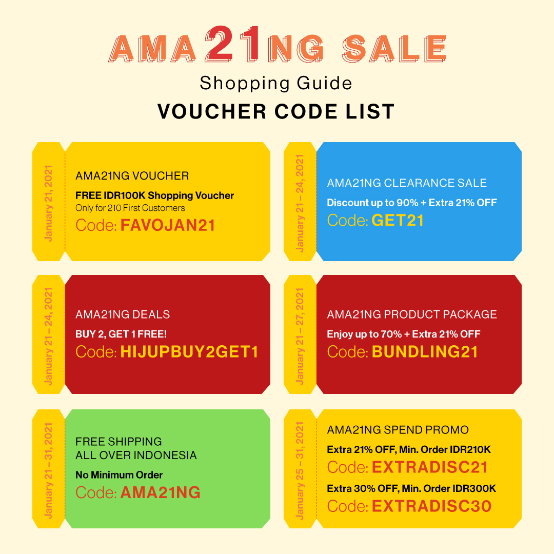 Kejutan HIJUP Ama21ng Sale akan hadir mulai 21 Januari 2021✨✨✨

Catat tanggalnya dan save juga daftar kode voucher ini untuk memudahkanmu mewujudkan semua wishlistmu di bit.ly/rntXB7!

Ssst... itu belum semua! Masih akan ada banyak lagi promo lainnya di #Ama21ngSale.