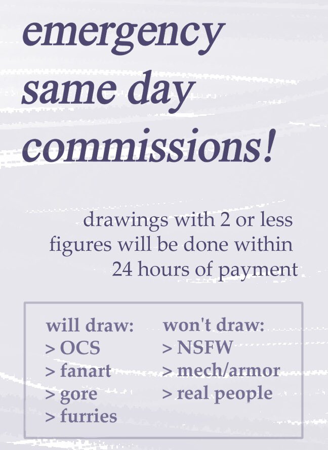 kaprinasun's tweet photo. hello all I’m opening commissions. 
in this past year, I have lost my job and had emergency surgery, both of which have left incredible financial burdens on me. 
along with necessary repairs to my car, this has come to be an overwhelming amount, and if you are interested plz dm! https://t.co/WmF4DbSdRs