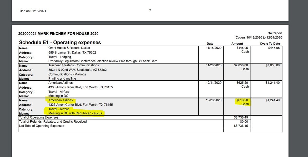 I think I stumbled onto something important. It looks like Rep.  @MarkFinchem used his campaign funds to fly to DC for the  #stopthesteal riot & insurrection. On 12/28 he spent $616.20 for a "meeting in DC w/ Republican Caucus." To be clear: I am speculating here, but check it out.