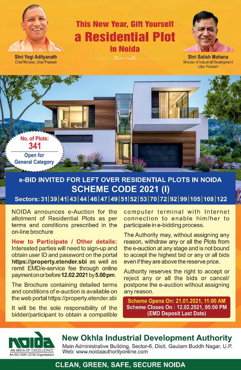 CeoNoida's tweet photo. Welcome to the first E-Auction of the year 2021 for residentials plots in NOIDA under Housing Scheme-2021(I). There are 341 plots available for the E-bid. Interested citizens can visit the following link to sign up: https://t.co/zfcajZXoHC
#BuildUpNoida
#TransformNoida https://t.co/5xGJ8dqS8q