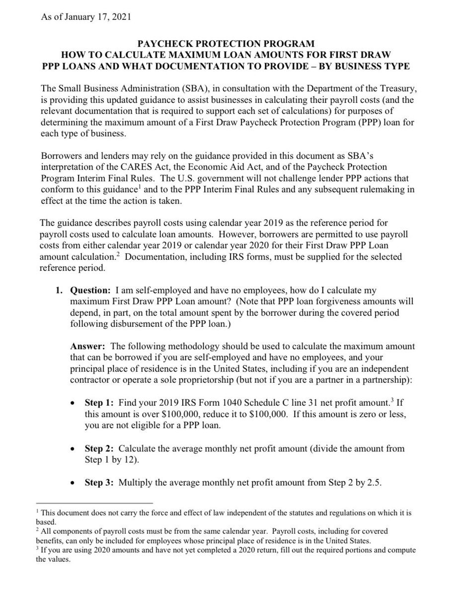 SBA updates “How to calculate maximum loan amounts” document.  #PPP  #TaxTwitter  https://home.treasury.gov/system/files/136/PPP--How-to-Calculate-Maximum-Loan-Amounts-for-First-Draw-PPP-Loans-and-What-Documentation-to-Provide-By-Business-Type.pdf