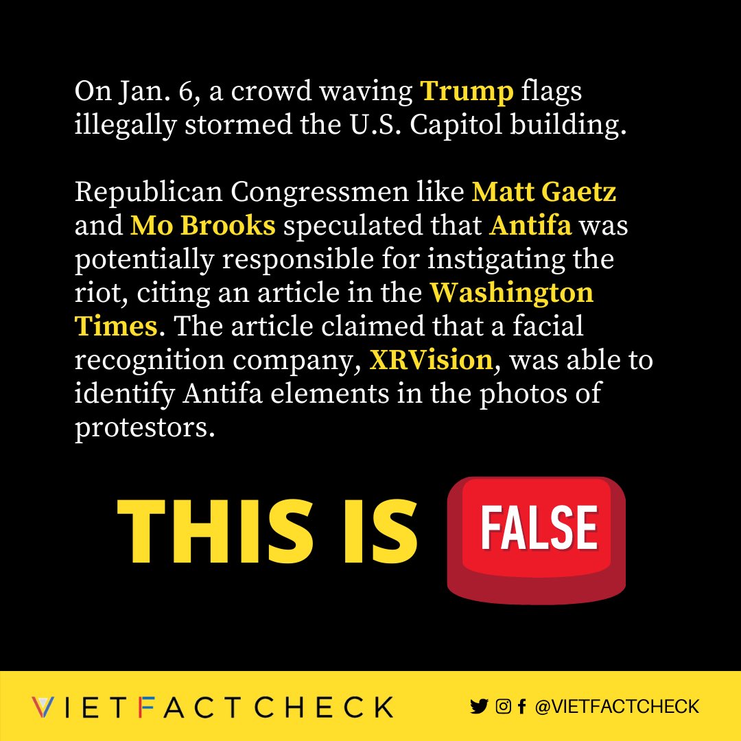 VietFactCheck's tweet photo. Was #Antifa responsible for the riots at the U.S. Capitol? This claim is #FALSE.
#vietfactcheck is a project of @pivotorg to combat misinformation in the Vietnamese American community. https://t.co/sVlqAEUnbq