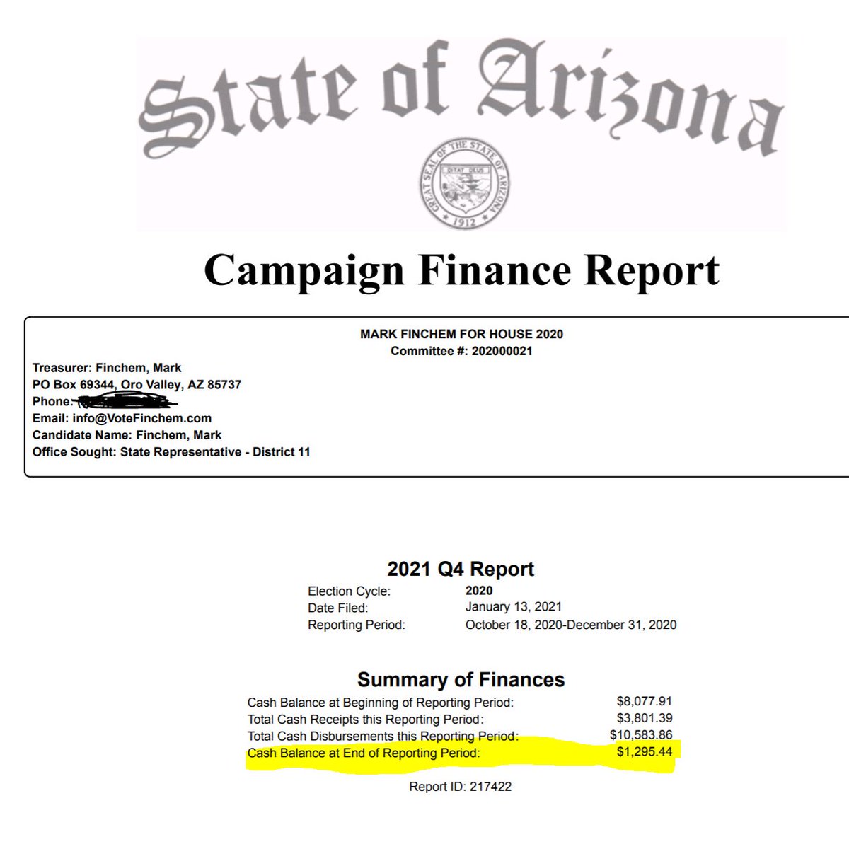 One other thing about this:  @markfinchem as of 12/31/20 only had $1,295.44 left in his campaign account. That includes buying the airplane tickets & the $500 12/31/20 donation by  @apsfyi. Did Finchem use that last donation and what was left in his account for hotel while in DC?