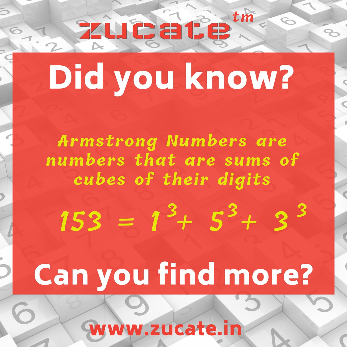 ZucateM's tweet photo. What is Armstrong Number?
Can you list some more of them?
#Math #MathsTalk #MathFun #DidYouKnow #Online #OnlineClasses #ict #LearningNeverStops #Students #teacher #zucate #Mathematics #LearnMathWithZucate #eLearning #COVID19 #Saturday #pizza
Visit :- https://t.co/WuVAyLui6k https://t.co/63ucw4bPYv