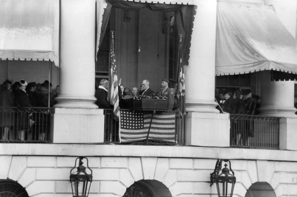 On Inaugural Day 1945, for security reasons, FDR never left White House, was sworn in and gave his speech on South Portico, along with new Vice President Harry Truman: