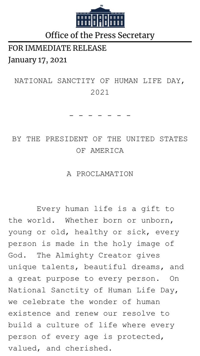 PresTrump’s proclamation naming Jan 22nd National Sanctity of Human Life Day: