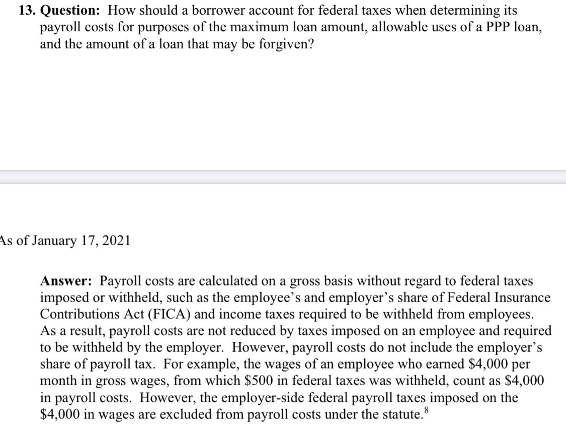 Treatment of employee Federal taxes is finally addressed in new question #13.  #PPP