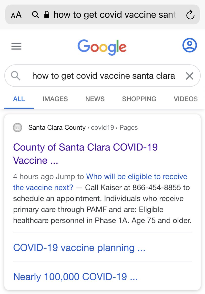 Easy fix, I think! I'm a good daughter, I think. So I google “How to get COVID vaccine Santa Clara County”This takes me to the County website. No big deal! I’ll get her the link in a sec, I think. I confirm she is eligible based on the current tier. 4/