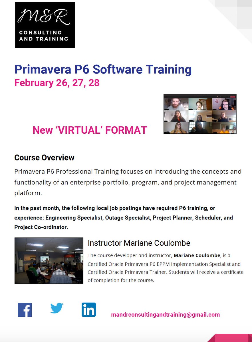 MRConsultingan1's tweet image. We have a few spots available for our February P6 training. mandrconsultingandtraining@gmail.com. #PrimaveraP6 #P6software