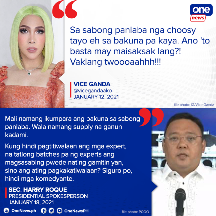onenewsph's tweet photo. Presidential Spokesperson Harry Roque seems to take a swipe at comedian Vice Ganda following criticisms on selecting COVID-19 vaccines. https://t.co/3bJjo18trR