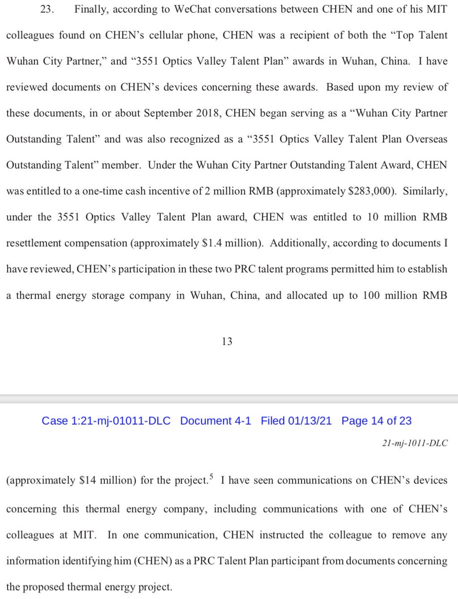 23. Professor Chen receives more awards. One award "permitted him to establish a thermal energy storage company in Wuhan."Then McCarthy says, "Based upon the investigation to date, I am not aware of any records indicating that CHEN, in fact, established this company."