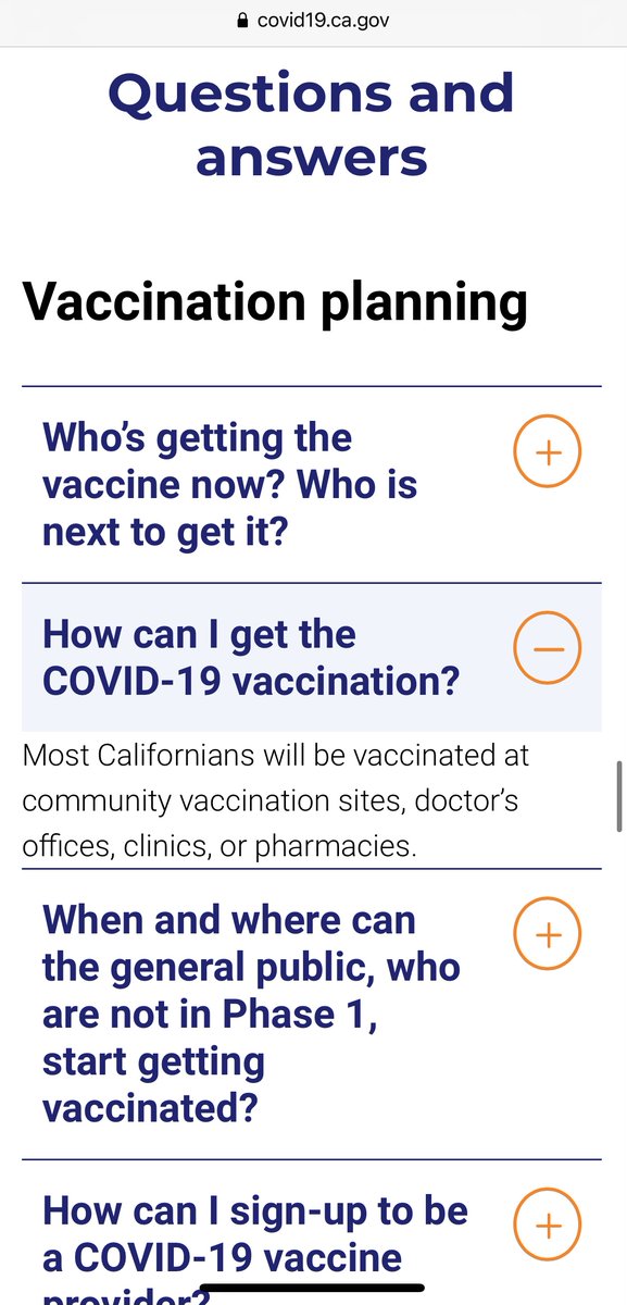 I scroll down to “When, where, and how can I get a vaccine?” Soooo promising! I scroll through a bunch of generic information and get down to the “Questions and answers” section. I click on “How can I get the COVID-19 vaccination?”13/