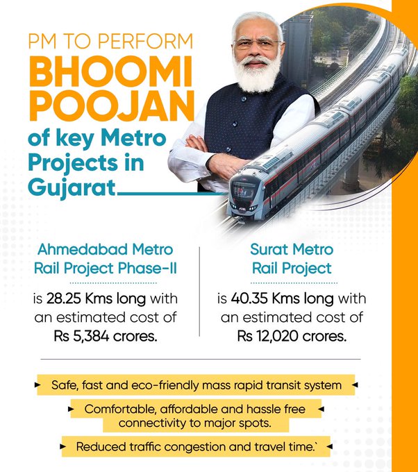 PM Modi performs Bhoomi Poojan of Ahmedabad Metro Project Phase 2 and Surat Metro Project