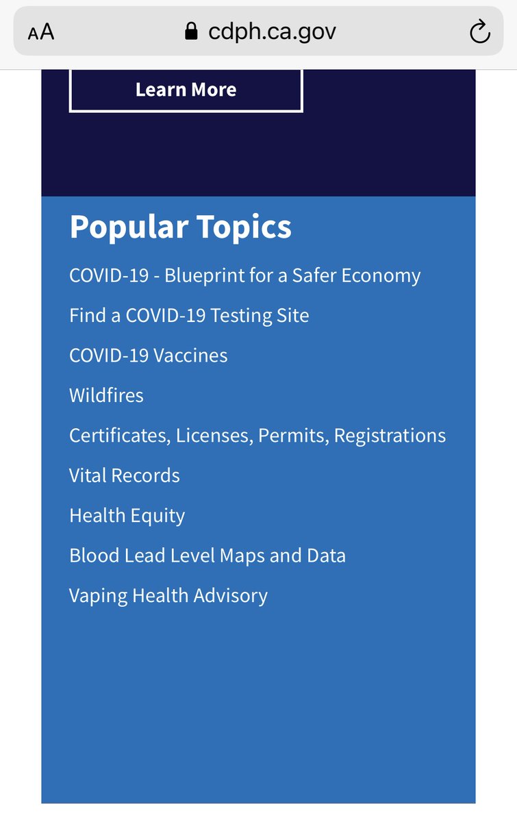 I click on the link, which takes me to the CDC. I select California from the menu. Maybe this will be helpful? I click on the “COVID-19 Vaccines” section. Wait for it…Absolutely nothing about scheduling! 10/