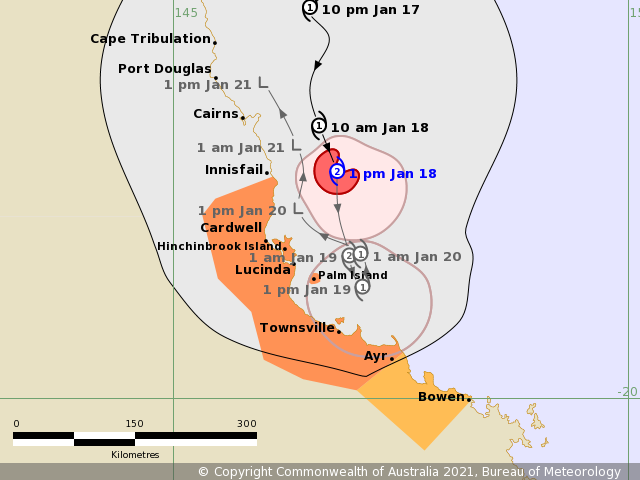 BOM UPDATE 2pm - Cyclone Kimi intensifies to category 2 as it moves south. Cyclone Watch declared to Bowen.
Warning zone: Innisfail to Ayr, including Lucinda, Palm Island and Townsville
Watch zone: Ayr to Bowen.
Cancelled zones: Port Douglas to Innisfail. 
Stay safe! #cyclonekimi