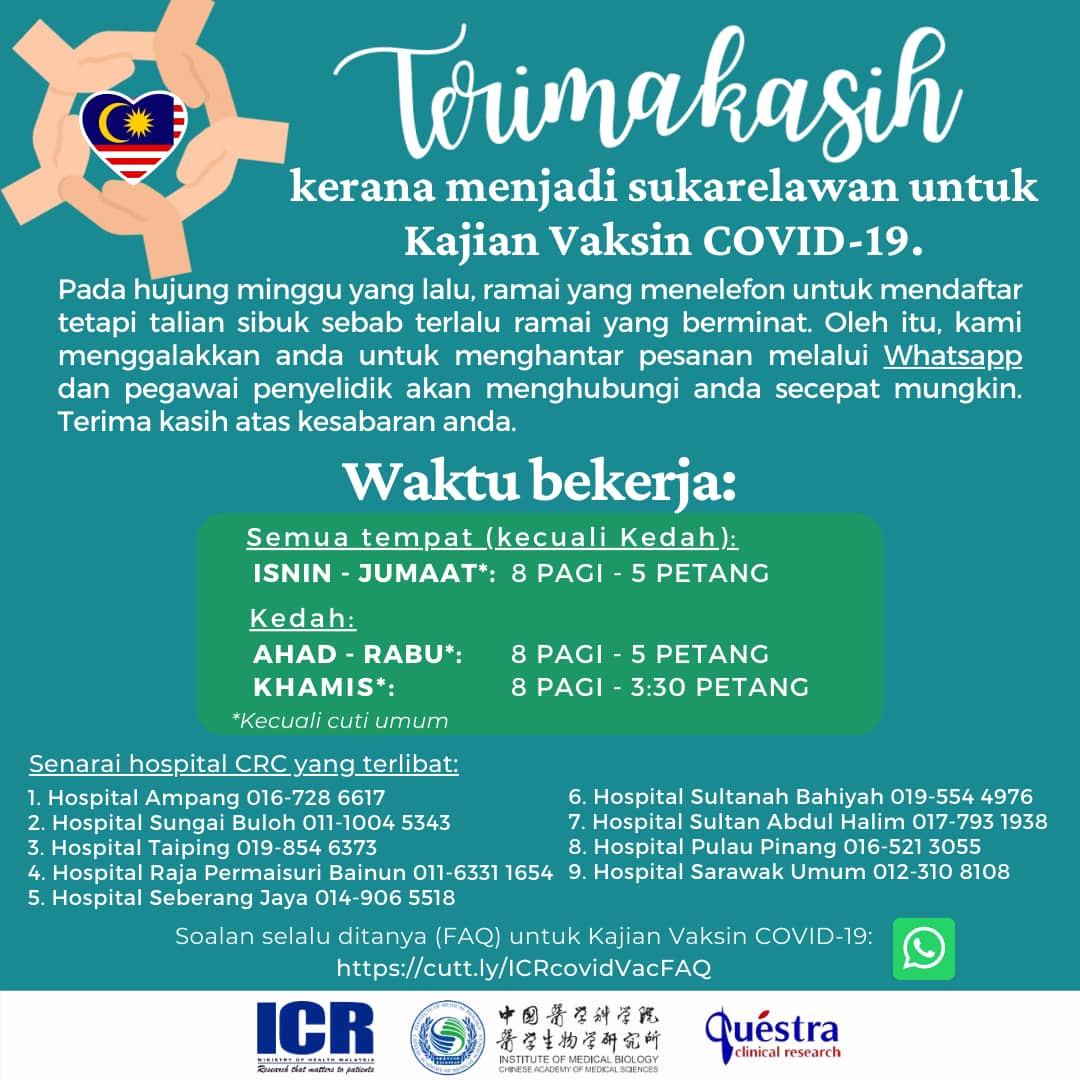 Kkmalaysia On Twitter Terima Kasih Kerana Menjadi Sukarelawan Untuk Kajian Vaksin Covid 19 Thank You For Volunteering For The Covid 19 Vaccine Study Covid19 Jaganegarakita Https T Co S9m6d39ooy