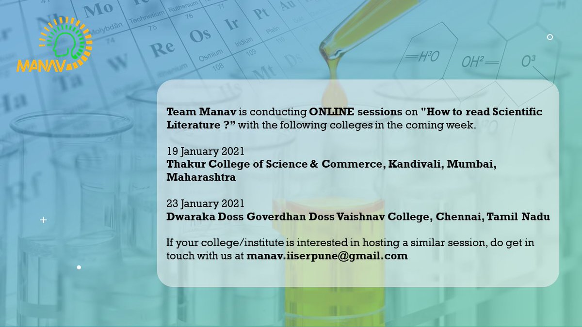 ManavAtlas's tweet photo. #Thisweek, @ManavAtlas will be conducting #ONLINE #sessions on "How to read #Scientific_Literature?” with the following colleges.

If your college/ institute is interested in hosting a similar free #webinar, email us at manav.iiserpune@gmail.com

#ManavHumanAtlas #Students https://t.co/PTxNNTgi27