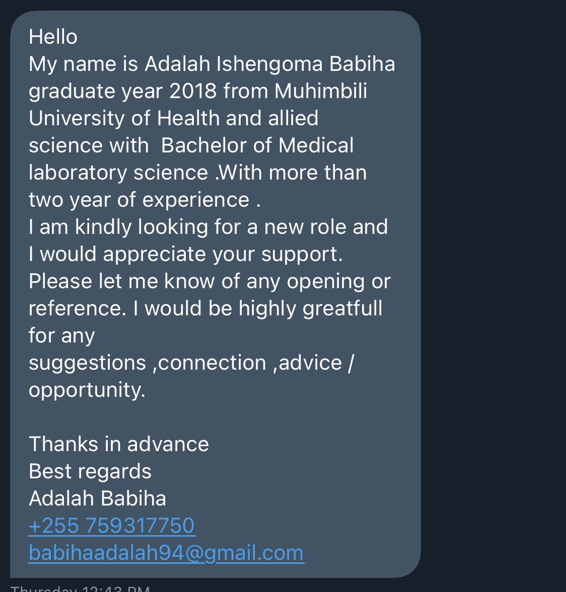Amegraduate Muhimbili Bachelor of Medical laboratory, anatafuta kazi yoyote ile inayoendana na alichosomea au hata kazi yoyote ile

Please retweet, muajiri wake anaweza kua kwenye TL yako