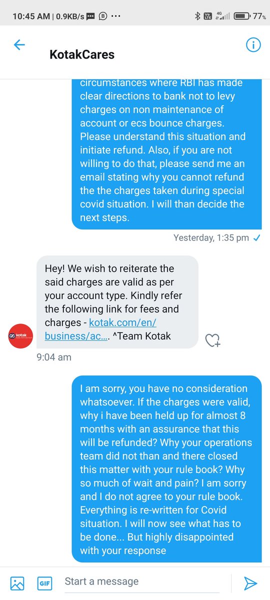Sumit_545401's tweet photo. @udaykotak @KotakBankLtd highly disappointed with the team response. No care for customer grievances. Citing only rule book even in covid times. Why the wait and pain for 8 months if refund was never on cards??? Highly disappointed.. And decided to move out. https://t.co/ThaJRHiYDY