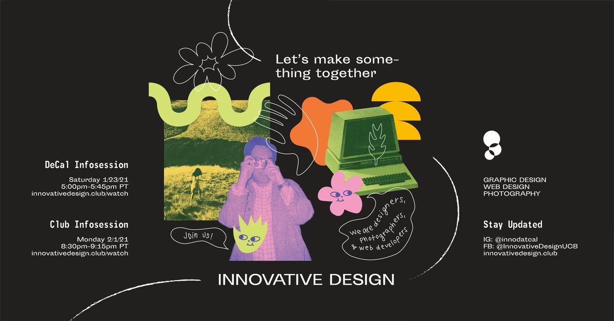 InnoDatCAL's tweet image. Innovative Design is back for another semester of creativity, growth, and connection this spring! Let's make something together!! 

DeCal Infosession: tinyurl.com/innod-decal-sp…
Club Infosession: tinyurl.com/innod-club-sp21
Website: innovativedesign.club 
FB: fb.me/innovativedesi…