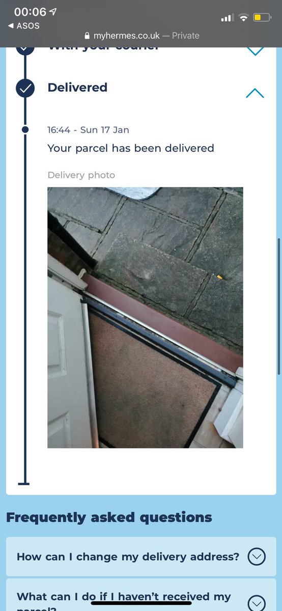 alanasmall1999's tweet photo. Can somebody please tell me why my Asos parcel says delivered but I haven’t received it and instead it looks like the delivery driver has ‘left’ it inside their own house, considering the picture has been taken with them stood inside a house🤔 @Hermesparcels @ASOS_HeretoHelp https://t.co/UZzqNpoB2A