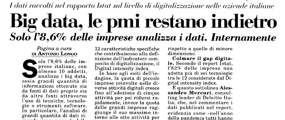 Colmare il gap #digitale
🗞️ " #BigData le #PMI restano indietro" su <a href="/ItaliaOggi/">ItaliaOggi</a> 

#DigitalTransformation <a href="/istat_it/">Istat</a> <a href="/DeloitteItalia/">Deloitte Italia</a> <a href="/SAPConcur/">SAP Concur</a> <a href="/cgiamestre/">cgia mestre</a> <a href="/alevalsecchi/">Alessio Valsecchi</a> <a href="/sirgolly/">Piero J(7) Goletto🐦</a> <a href="/fedraeffe/">fedraeffe🌱☘️🍀</a> @andreatorti90 <a href="/ldibartolomei/">Luca Di Bartolomei</a>