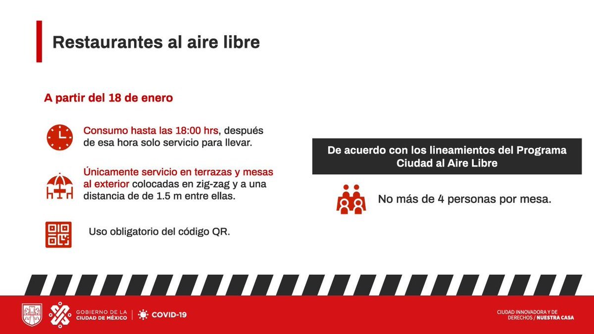 GobCDMX's tweet photo. Si tienes o conoces a alguna persona que tenga un restaurante 🍽️ con espacio al aire libre, 👁‍🗨 esta información te interesa: 👉 https://t.co/4TEfGnkUgP 

- Consumo hasta las 18:00 hrs., después solo para llevar
- Servicio en terrazas y mesas al exterior
- Uso obligatorio del QR https://t.co/QQBqxNg4by
