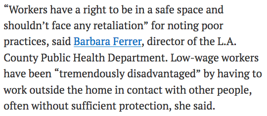 Los Angeles saw significant outbreaks over the summer as well, particularly connected to workplaces. Like Washington, people of color were hit especially hard. Cal/OSHA was overwhelmed and taking months to complete investigations. 11/ https://khn.org/news/la-county-workplace-enforcement-covid-rules-save-black-latino-lives/